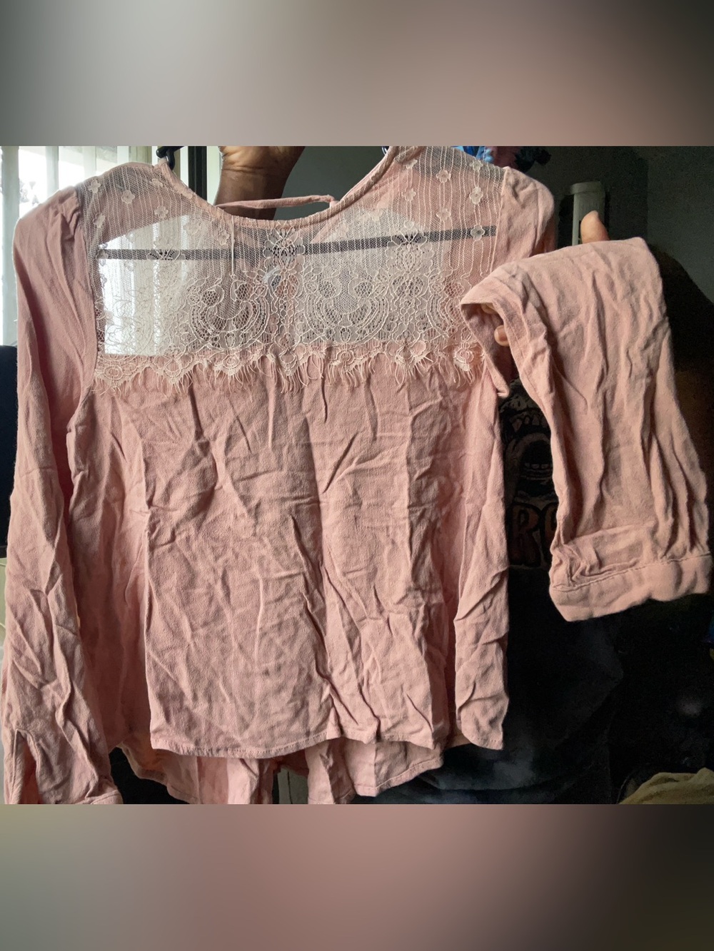 Forever 21 Pink Lace Yoke Long-Sleeve Blouse
